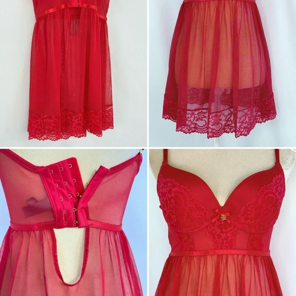 Daisy Fuentes Babydoll Red Chiffon Lace Size M Lingerie Festival Slip Dress Sexy